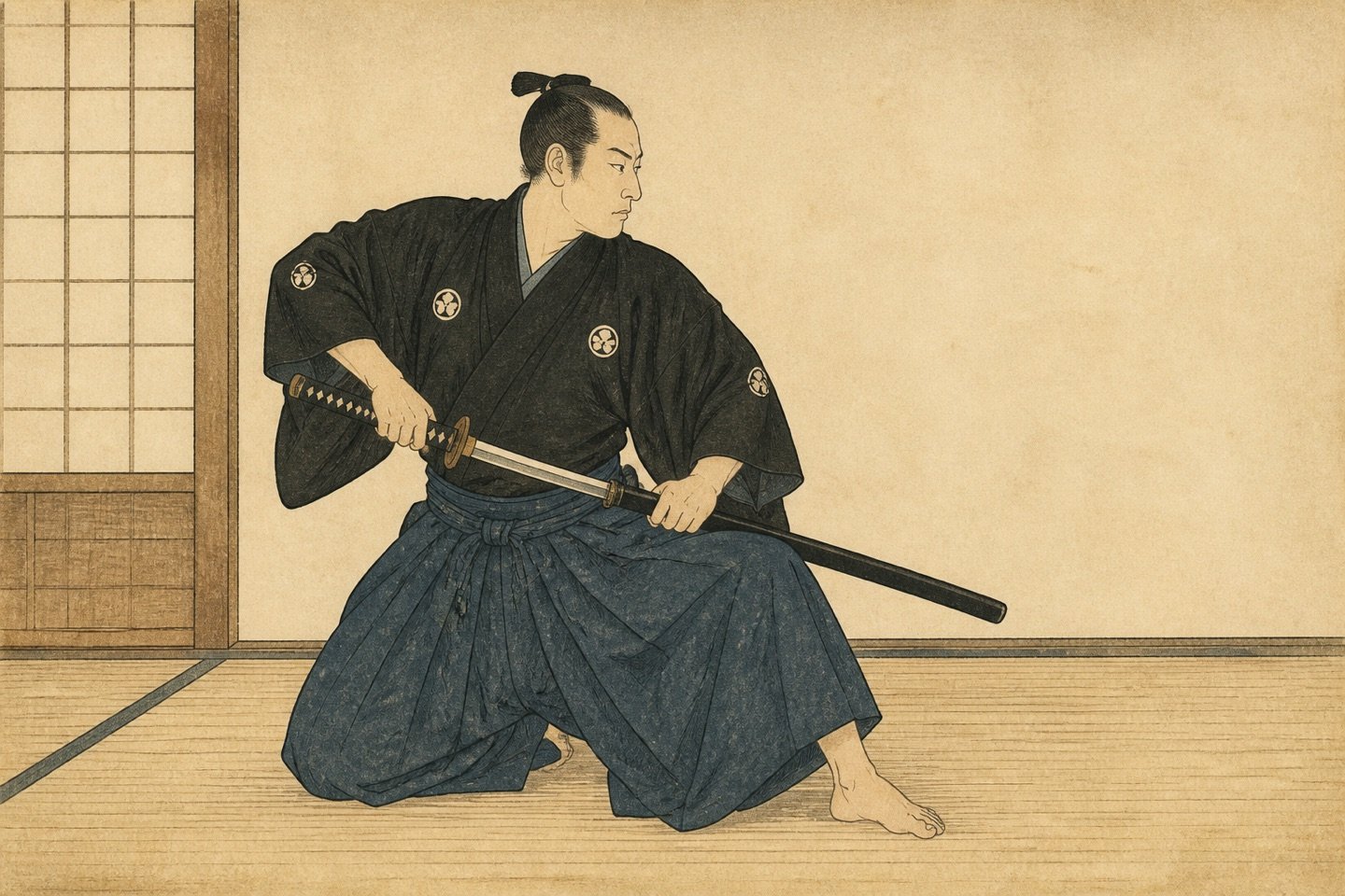 Ilustración estilo ukiyo-e de un practicante desenvainando una katana en Iaijutsu
