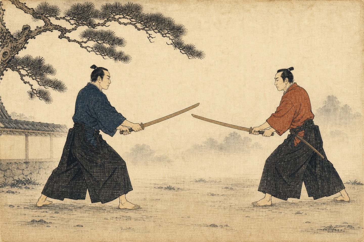Ilustración estilo ukiyo-e de dos practicantes de Kenjutsu con espadas de entrenamiento