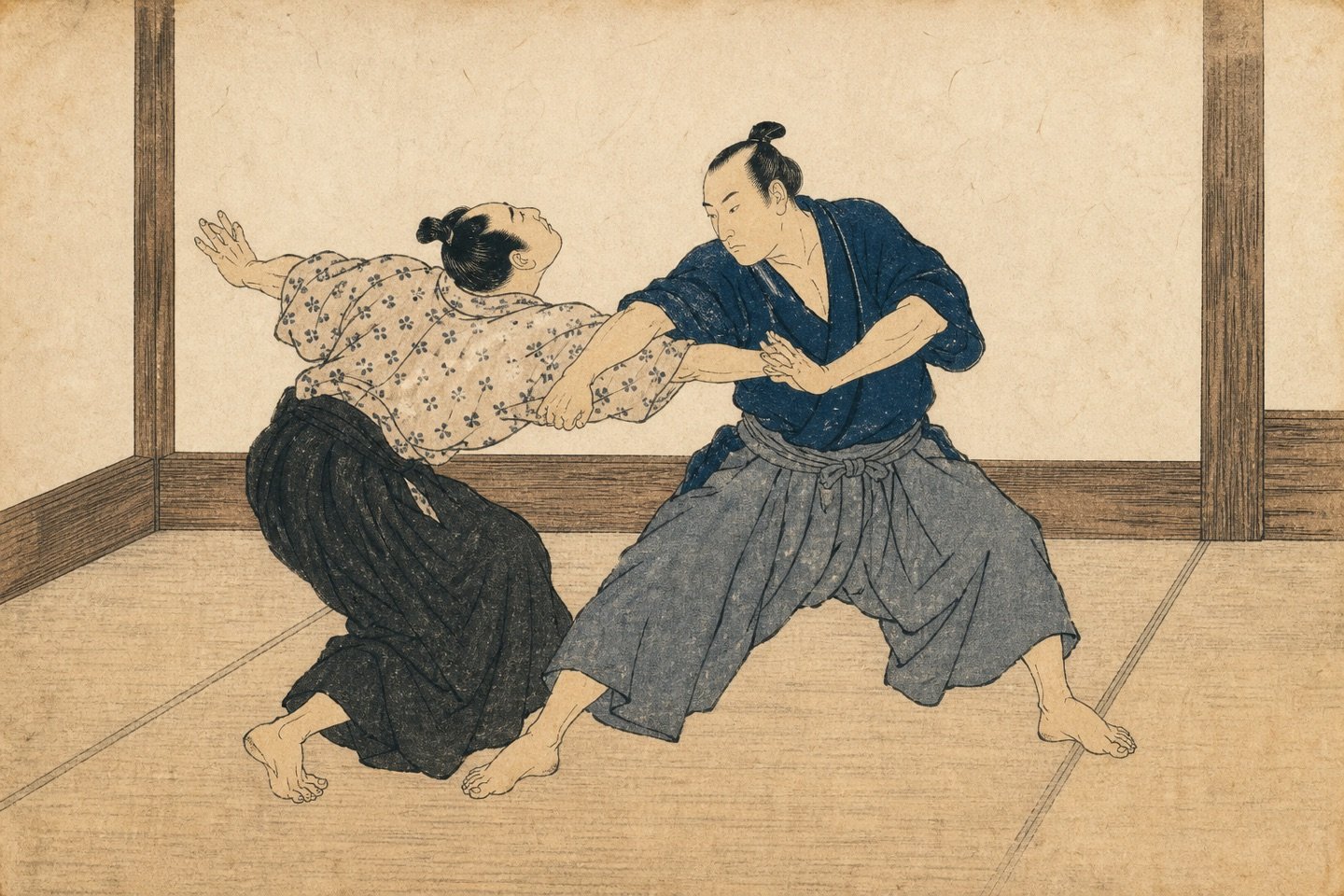 Ilustración estilo ukiyo-e de dos practicantes realizando una técnica de Torite